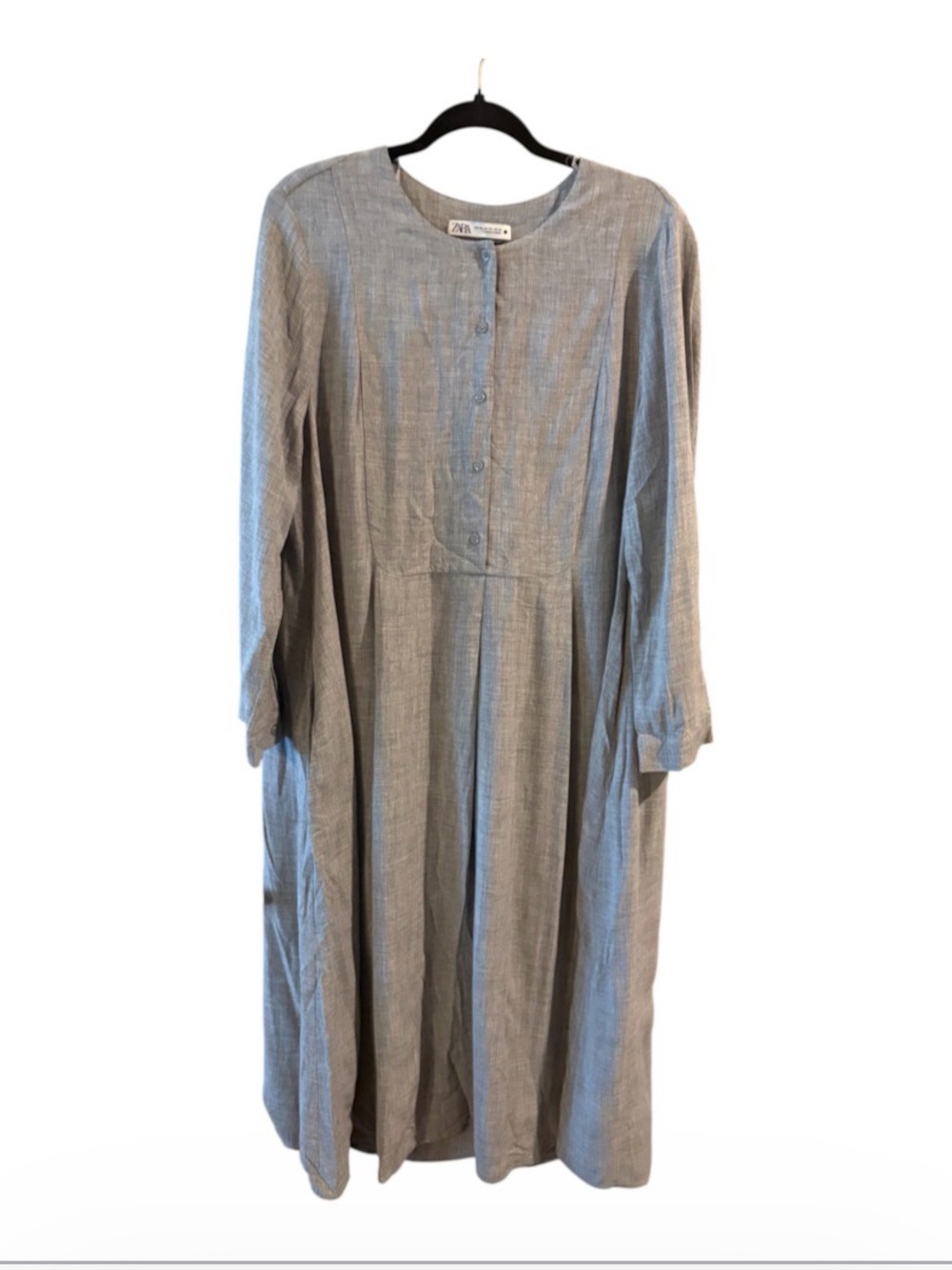 ZARA XXL Gray Linen-Blend Long Sleeve Pocket Midi Dress